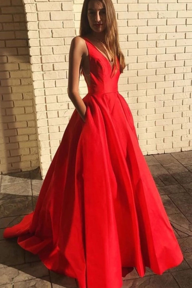 Simple red v neck satin long prom dress ...